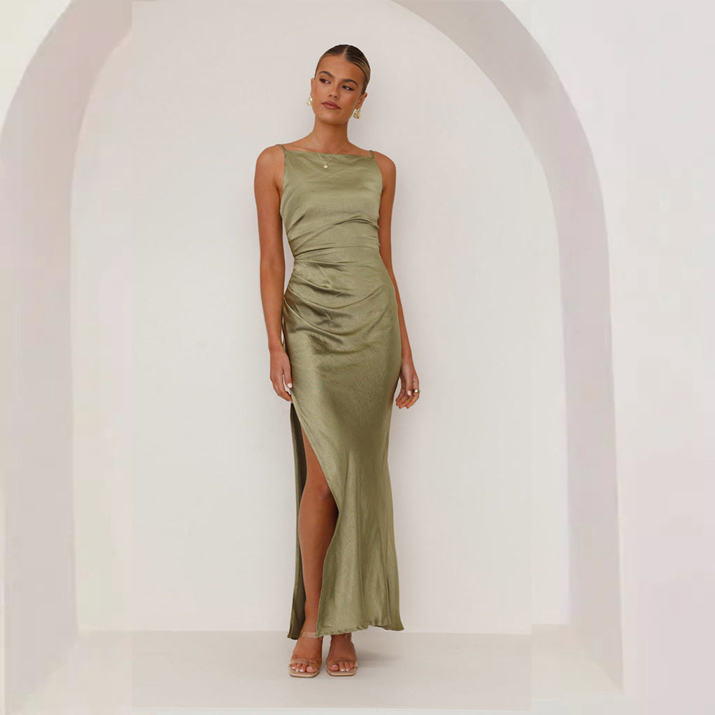 Drena | Dames Midi Jurk - Slim Fit, Spaghettibandjes, Drapé Halslijn, Luxe Glanzende Stof