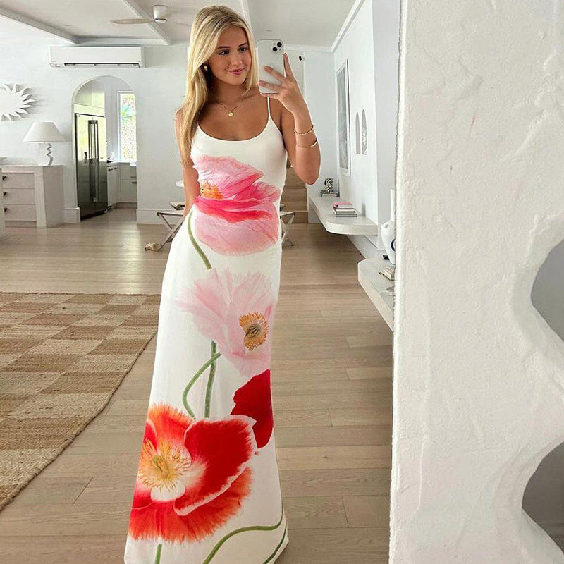 Marijn | Dames Maxi Jurk – Slim Fit – Spaghettibandjes – Bloemenprint en Lage Rug