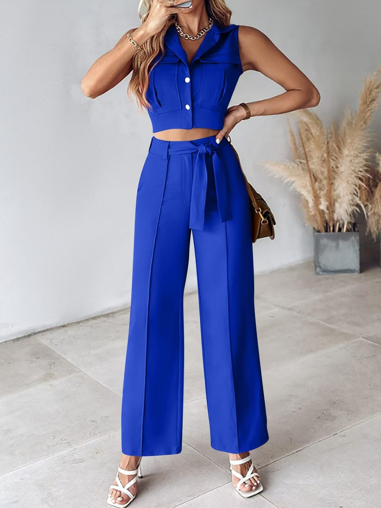 Gineke | Dames Pakkenset – Mouwloze Crop Top – Hoge Taille Wijde Broek – Afneembare Ceintuur