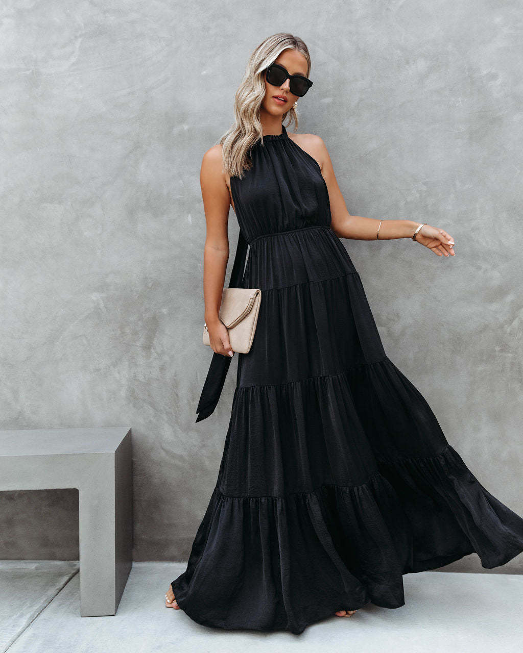 Claudia | Dames Halterjurk – Maxi Lengte, Gelaagde Rok, Ademend Materiaal