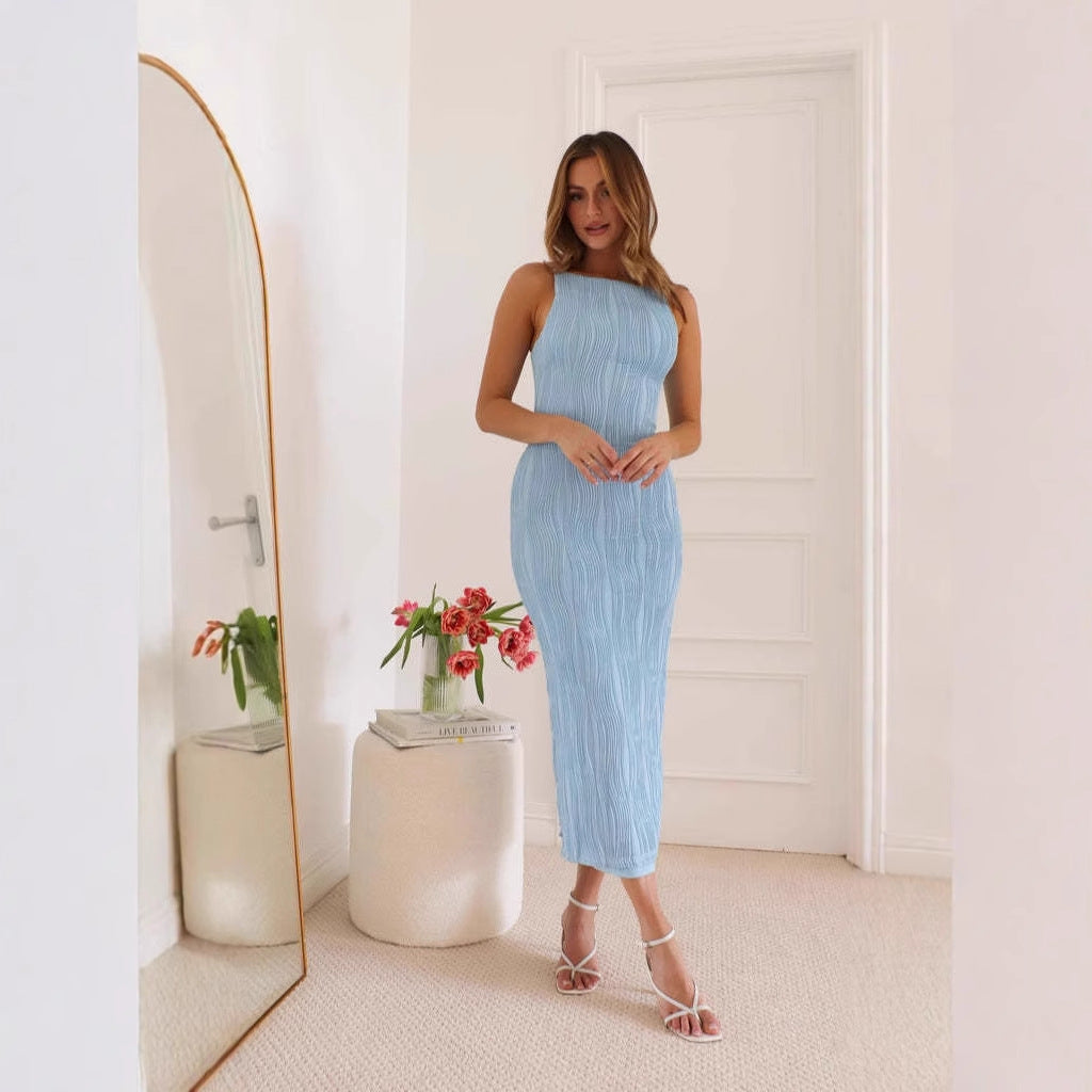 Dione | Dames Midi Jurk - Slim Fit, Mouwloos, Water Ripple Textuur met Open Rug