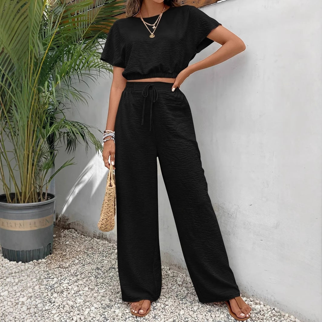 Cloë | Dames Tweedelige Set – Crop Top met Batwing Mouwen en Wijde Broek met Trekkoord