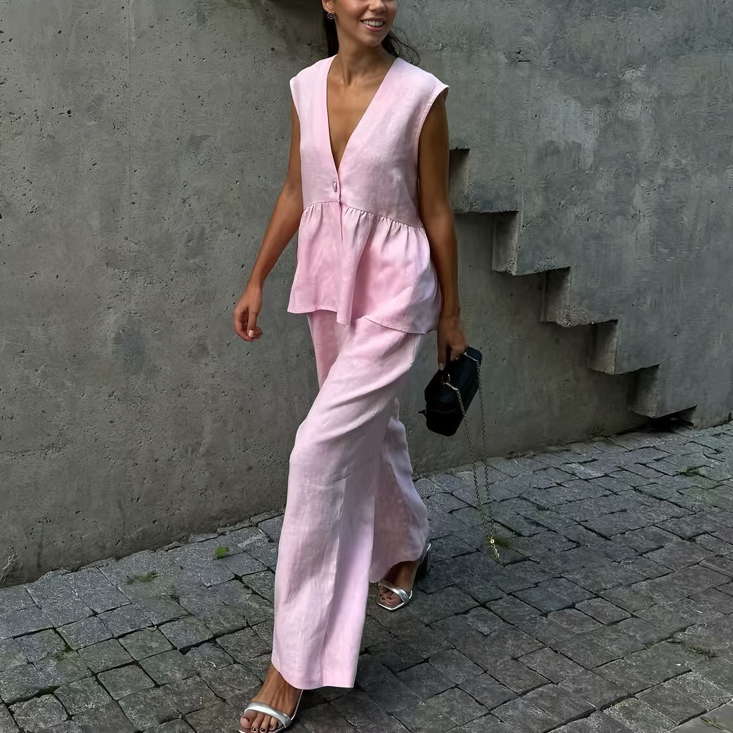 Camilla | Dames Tweedelige Set – Mouwloze Peplum Top met V-hals en Losse Lange Broek