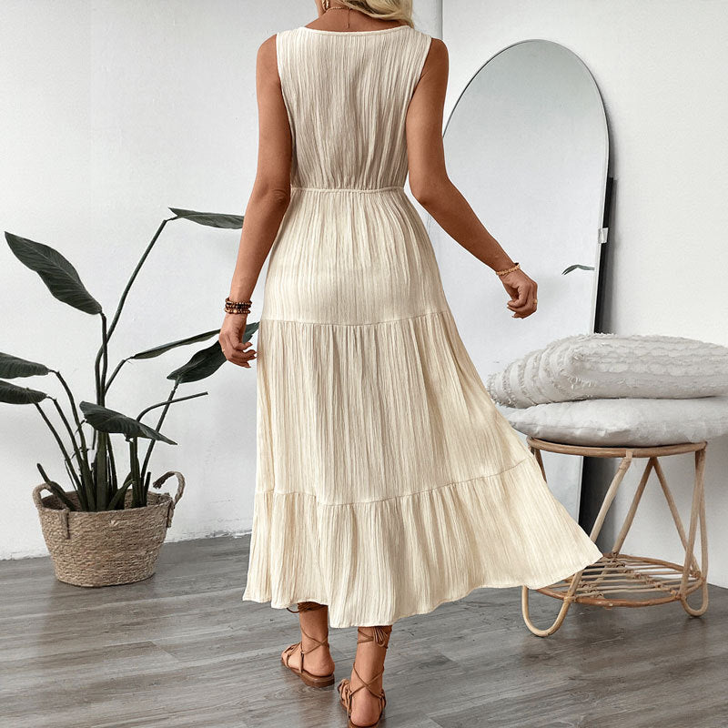 Arja | Dames Midi Jurk – Mouwloos, V-Hals, Relaxte Pasvorm, Gelaagde Rok