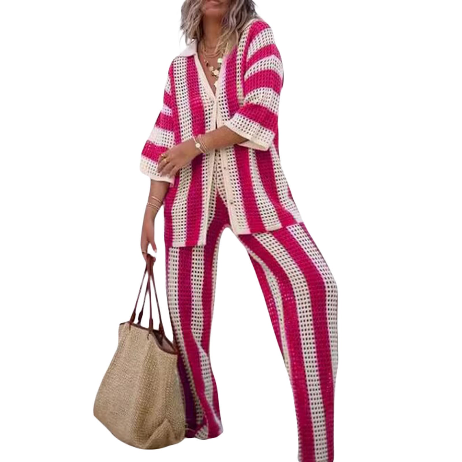 Betty | Dames Set – V-hals Shirt en Wijde Broek – Luchtige Open Knit, Losse Pasvorm