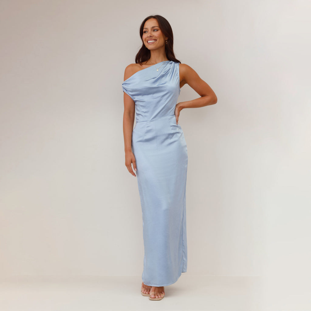 Doina | Dames Bodycon Midi Jurk - One-Shoulder, Luxe Glanzende Stof, Drapage Detail