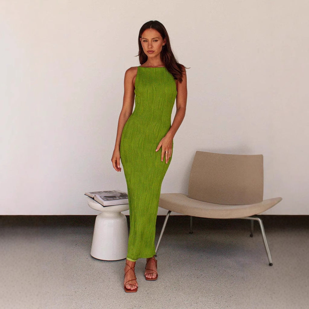 Dione | Dames Midi Jurk - Slim Fit, Mouwloos, Water Ripple Textuur met Open Rug