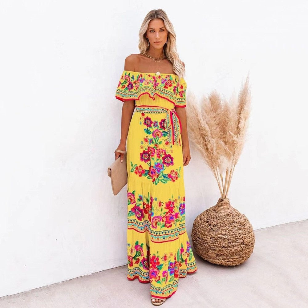 Miranda | Dames Maxi Jurk – Off-Shoulder Ruffle – Bloemenprint – Gelaagde Rok