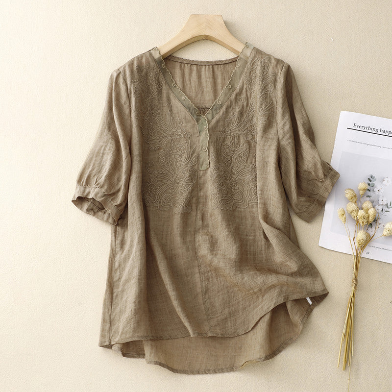 Ida | Damesblouse – Los Model – V-hals – Geborduurd – Ademend Materiaal