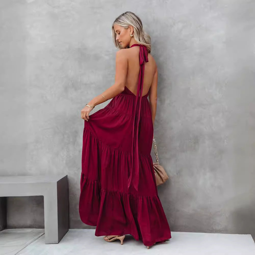 Claudia | Dames Halterjurk – Maxi Lengte, Gelaagde Rok, Ademend Materiaal