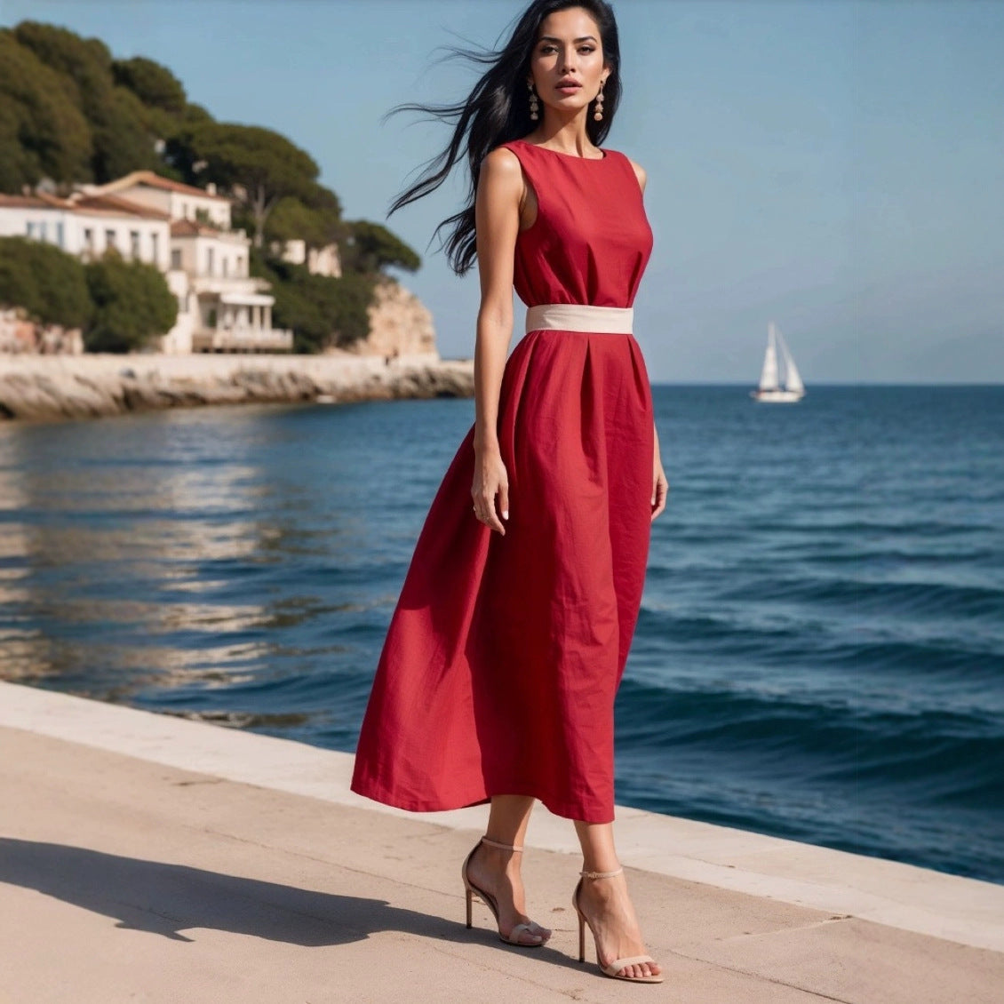 Kim | Dames midi jurk – Mouwloos fit & flare model met taillestrik in luchtige natuurlijke stof