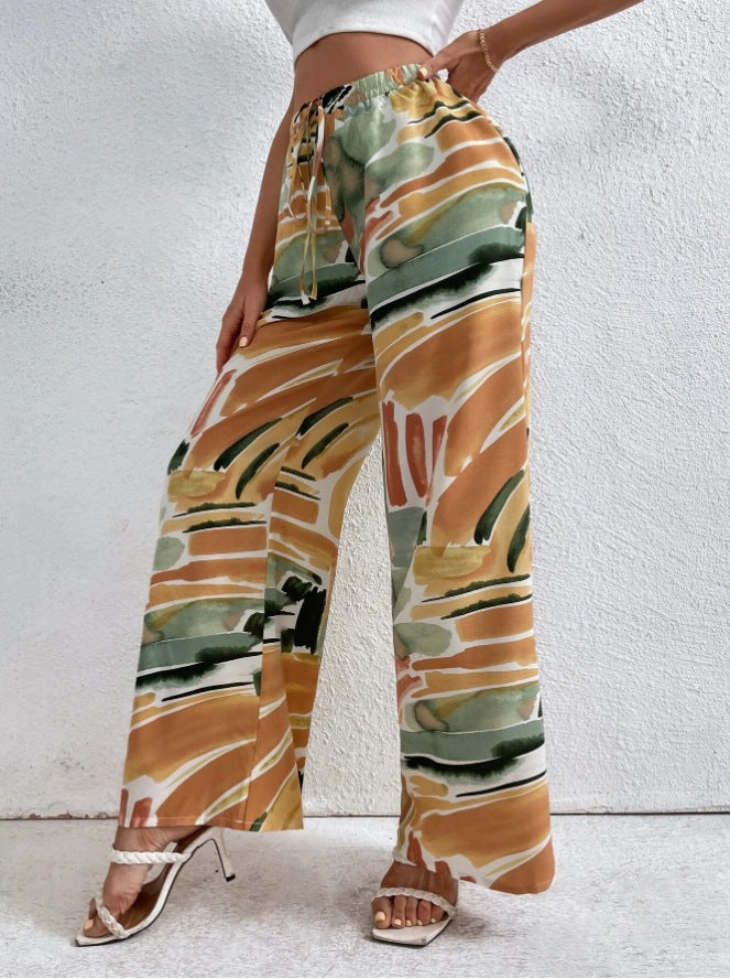 Eelma | Dames Broek – Wijde Pijpen, Hoge Taille, Abstracte Print, Ademend Materiaal