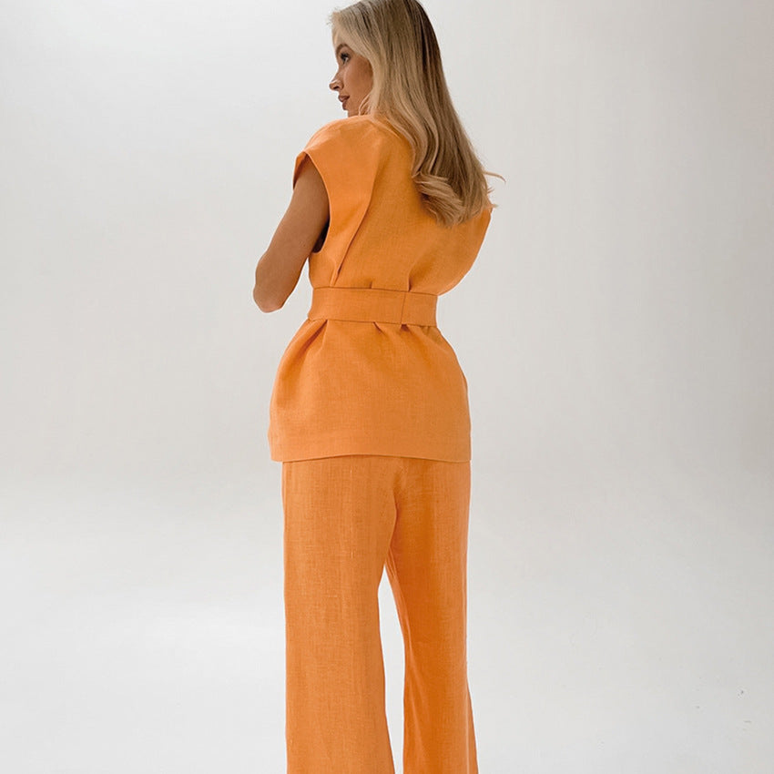 Malou | Dames Set – Mouwloze Top en Wijde Broek – Relaxte Pasvorm – Taille Ceintuur – Ademende Stof