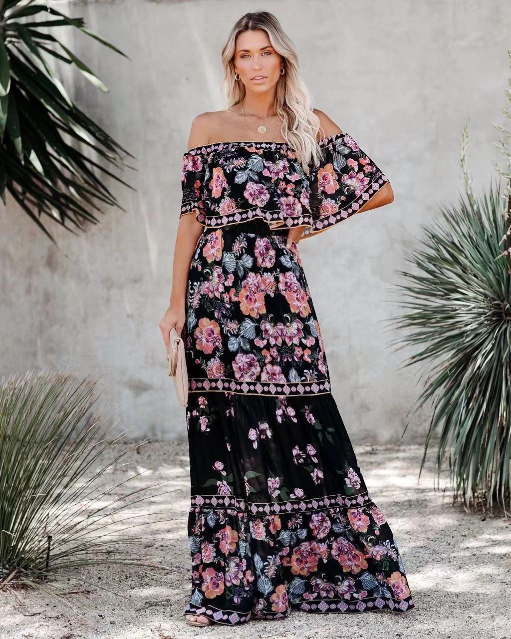 Miranda | Dames Maxi Jurk – Off-Shoulder Ruffle – Bloemenprint – Gelaagde Rok