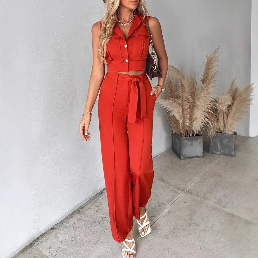 Gineke | Dames Pakkenset – Mouwloze Crop Top – Hoge Taille Wijde Broek – Afneembare Ceintuur
