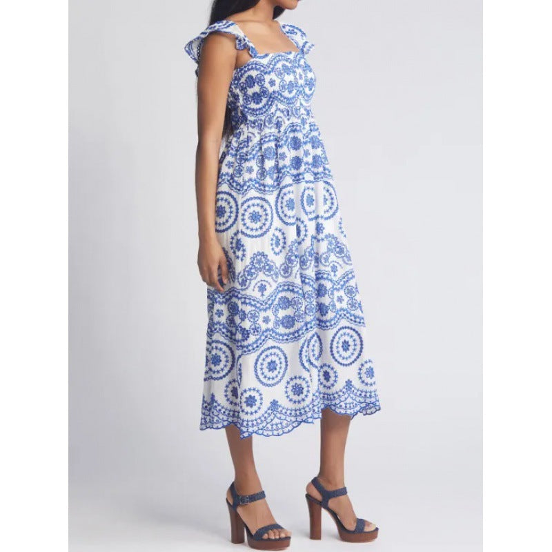 Isaura | Dames Midi Jurk – Vierkante Hals – Ruffle Mouwen – Relaxte Pasvorm – Natuurlijke Stoffen