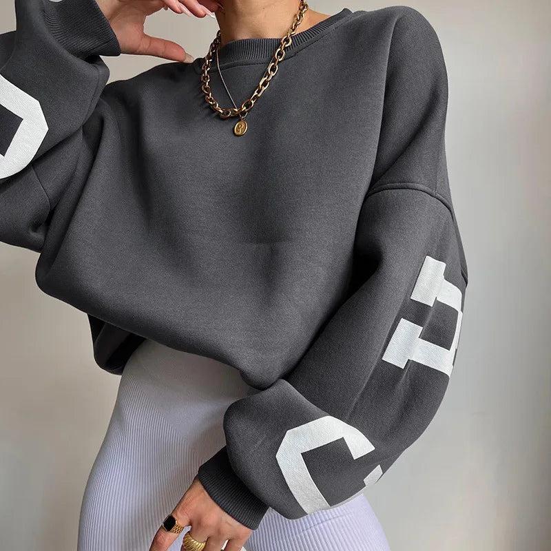 Dames Oversized Sweatshirt – Ronde hals zonder capuchon, grafische print op mouwen, casual