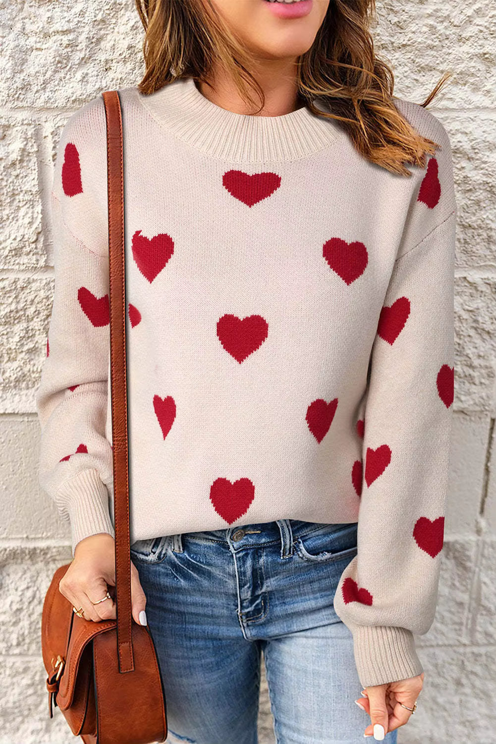Dames Oversized Wollen Trui – Hartjes Patroon, Warm en Casual voor Herfst en Winter