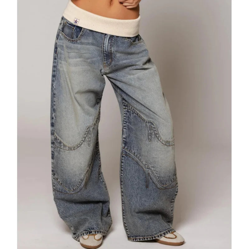 Dames Baggy Wide-Leg Jeans met Tailleband - Stretch Denim