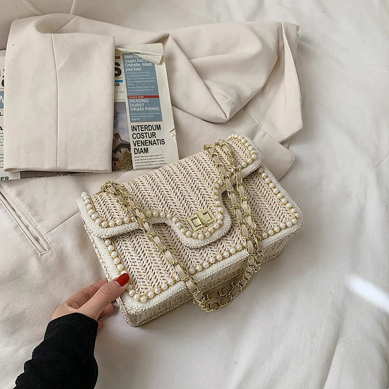 Madelaine | Rieten Handtas met Pareldetail