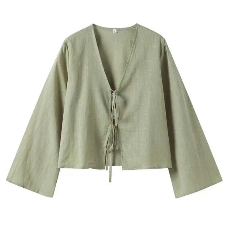 Celina - Linnen Blouse met Schattige Strikjes