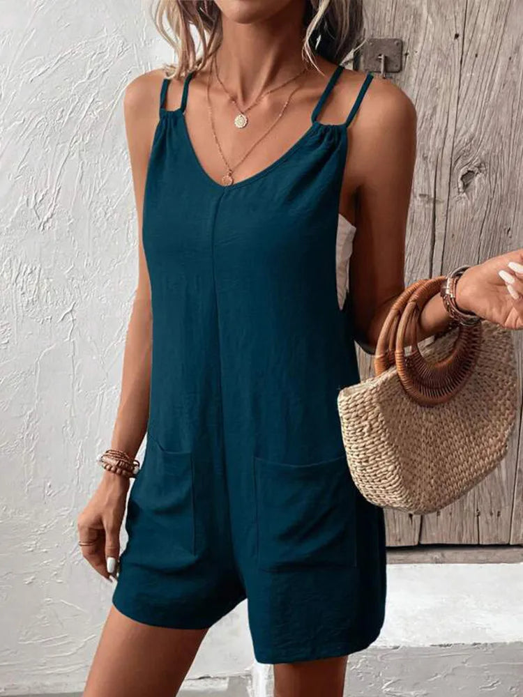 Kathleen | Dames jumpsuit – Losvallend mouwloos model met dubbele bandjes en zakken van ademende stof