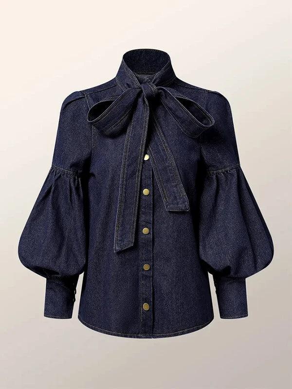 José – Denim Damesblouse met Pofmouwen en Sierstrik voor Dames