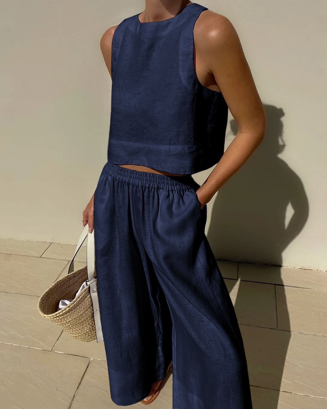 Alieke | Dames Set van Katoen-Linnen met Crop Top en High-Waist Broek – Luchtig & Tijdloos voor de Zomer
