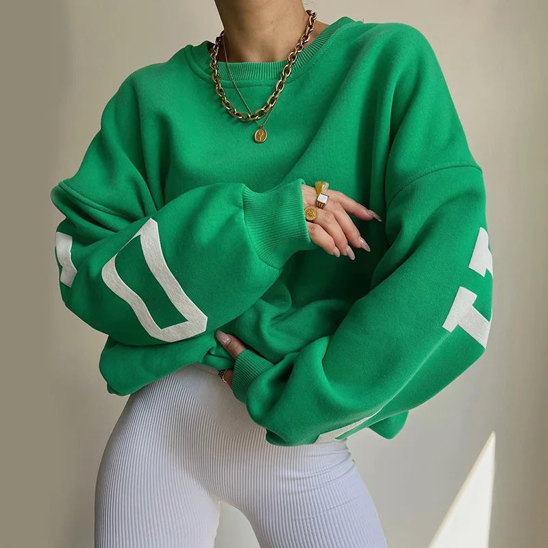 Dames Oversized Sweatshirt – Ronde hals zonder capuchon, grafische print op mouwen, casual
