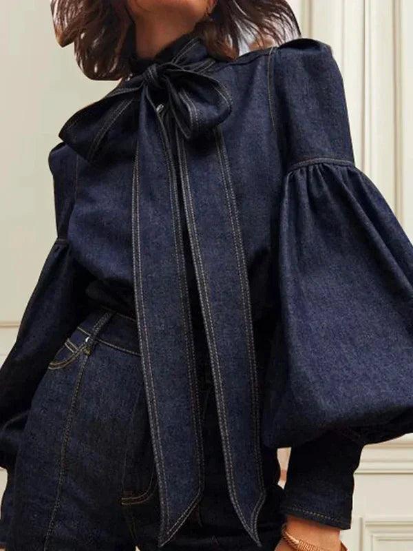 José – Denim Damesblouse met Pofmouwen en Sierstrik voor Dames