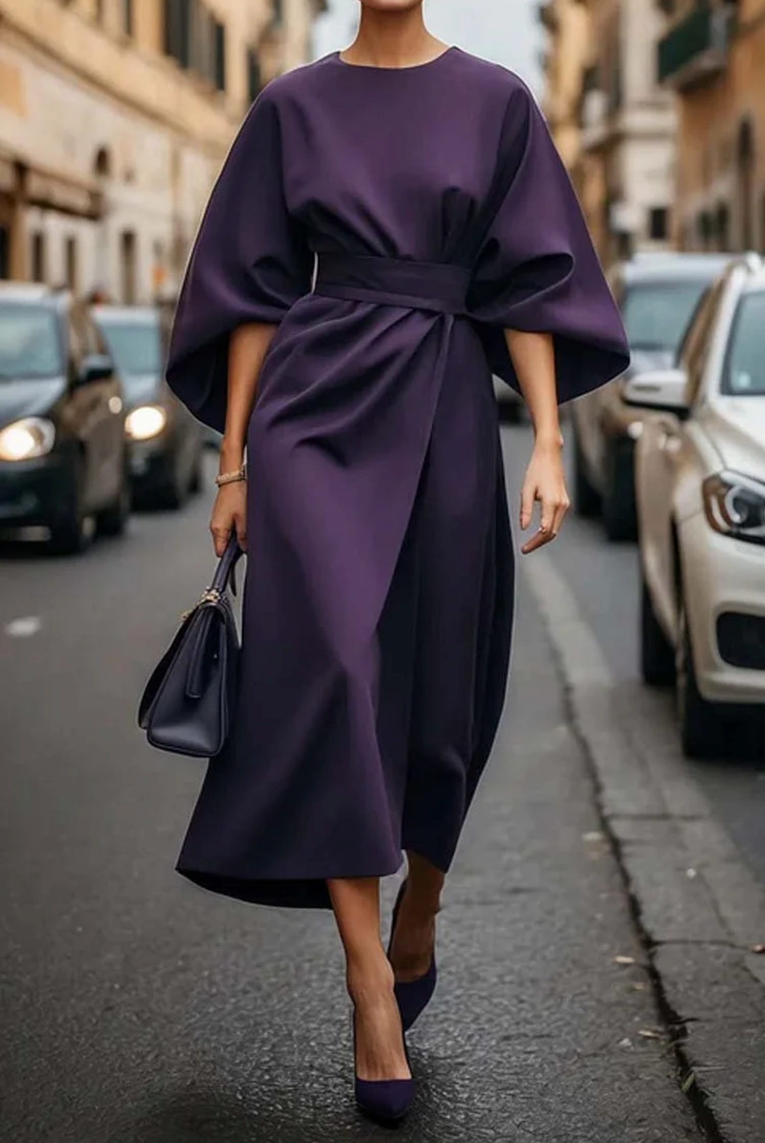 Dames Jurk Elegant met Lantaarnmouwen en Ceintuur