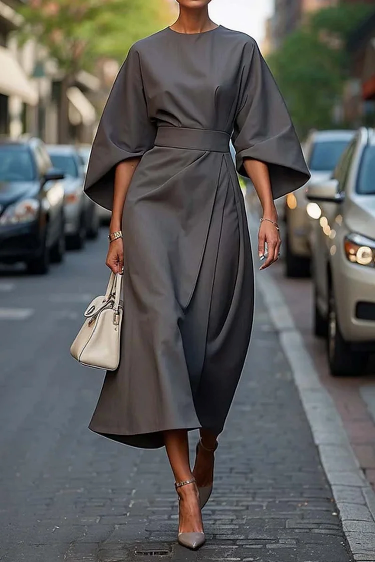 Dames Jurk Elegant met Lantaarnmouwen en Ceintuur
