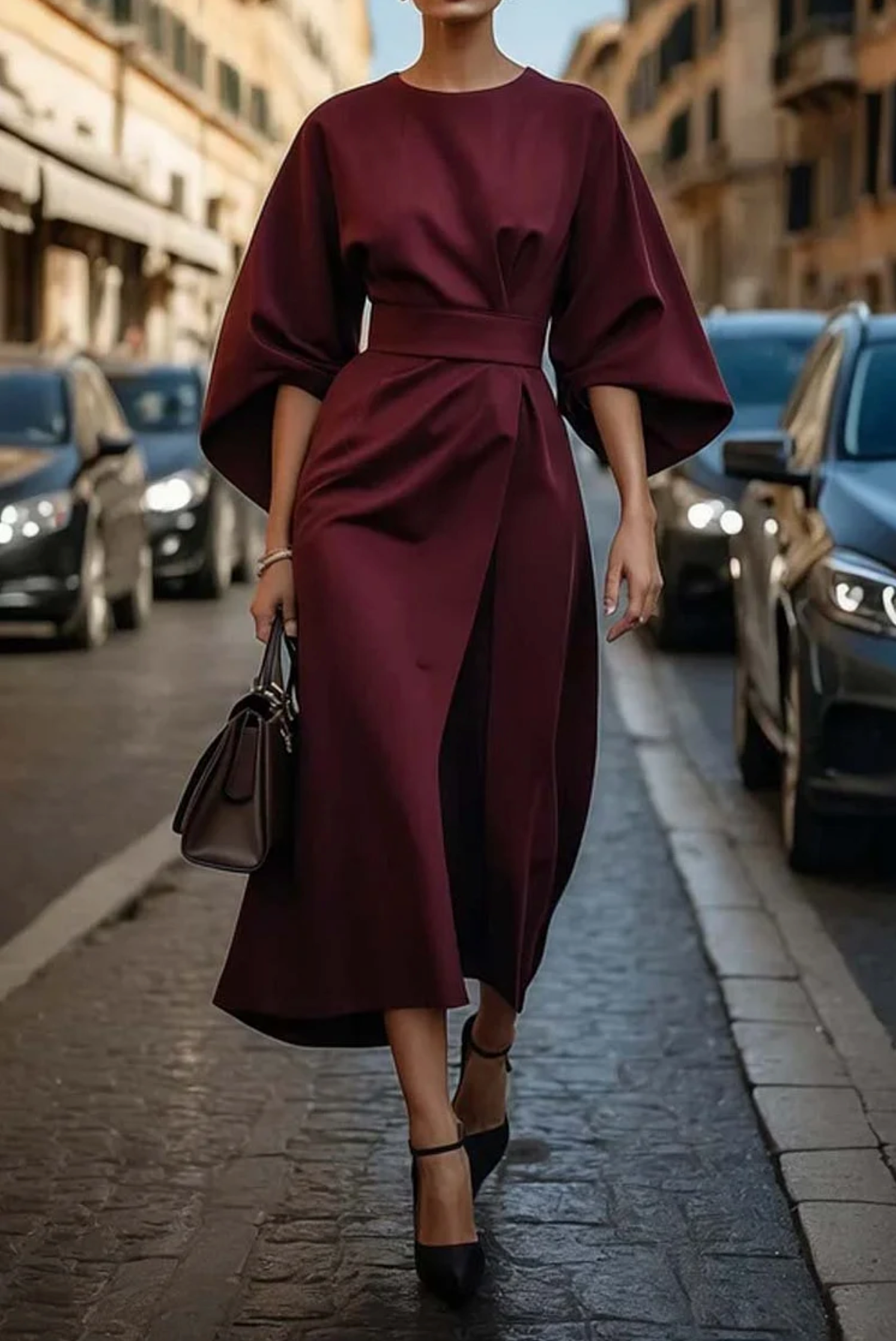 Dames Jurk Elegant met Lantaarnmouwen en Ceintuur