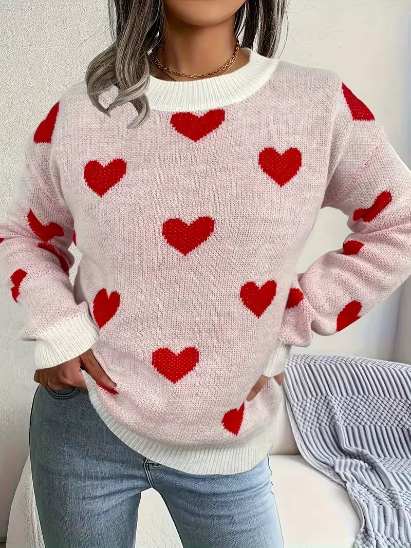 Dames Oversized Wollen Trui – Hartjes Patroon, Warm en Casual voor Herfst en Winter