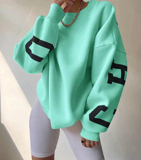 Dames Oversized Sweatshirt – Ronde hals zonder capuchon, grafische print op mouwen, casual