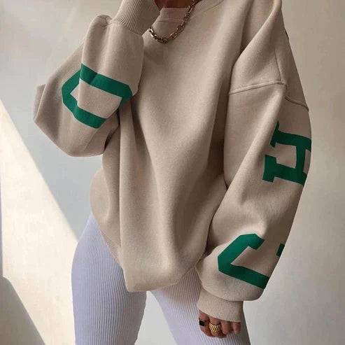 Dames Oversized Sweatshirt – Ronde hals zonder capuchon, grafische print op mouwen, casual