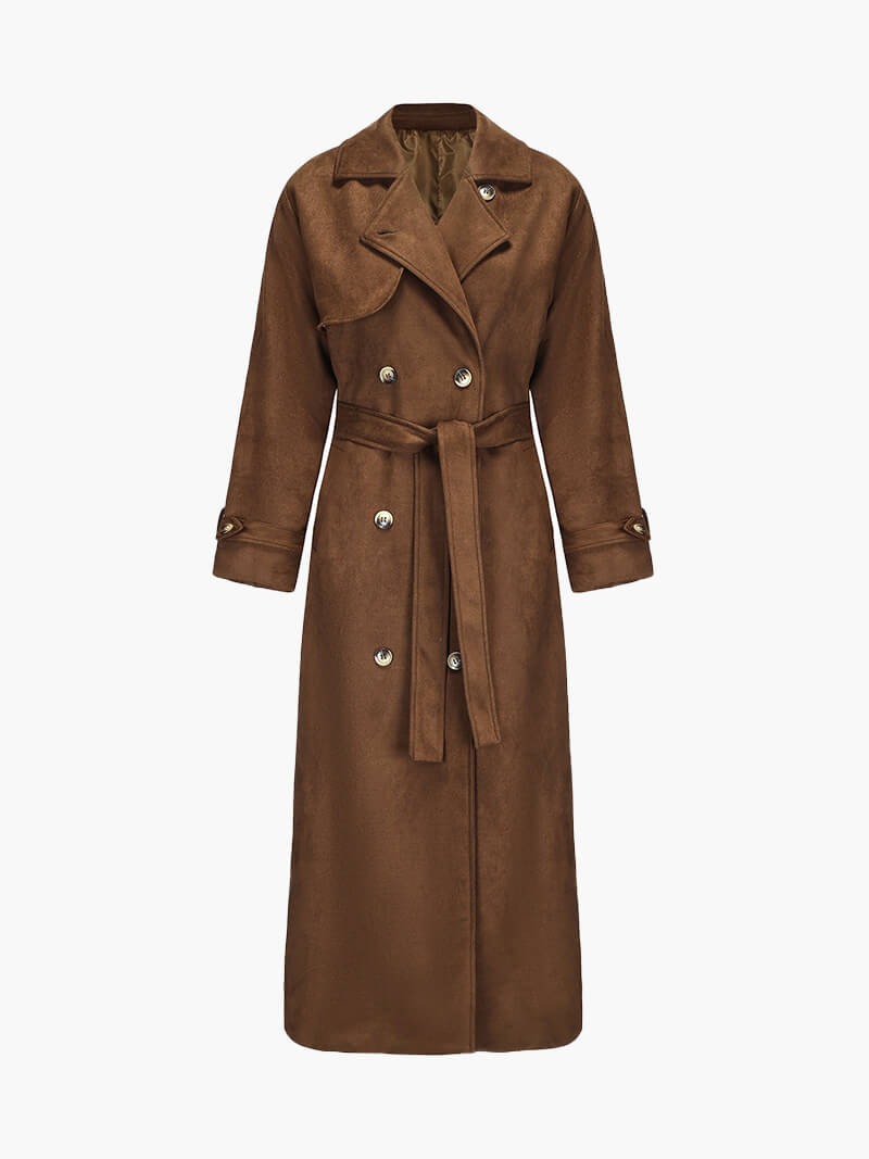 Nadine Royale trenchcoat | Dames trench van faux suède met ceintuur en dubbele knopen