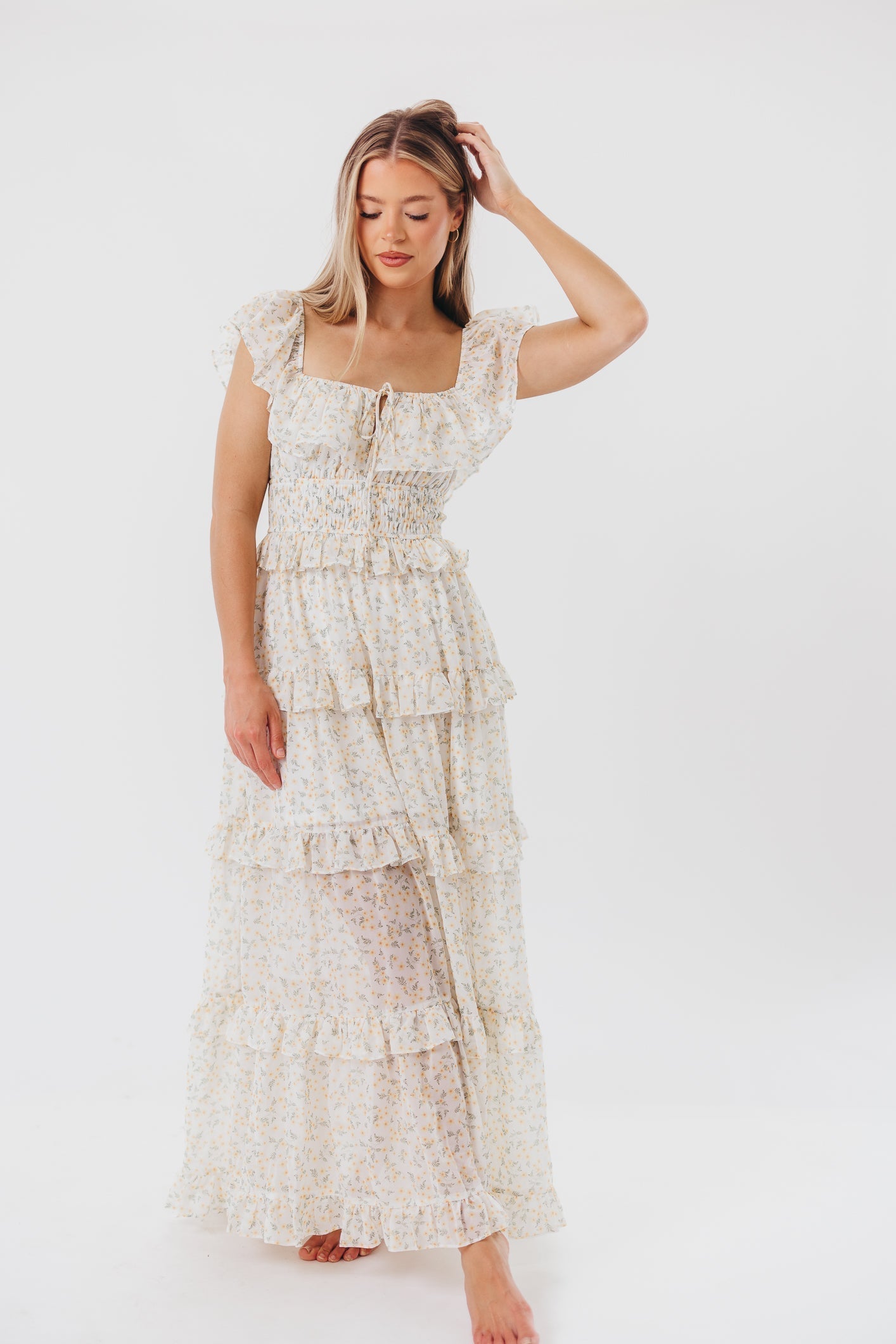 Azra - Maxi Jurk Met Ruches In Gele Bloemenprint