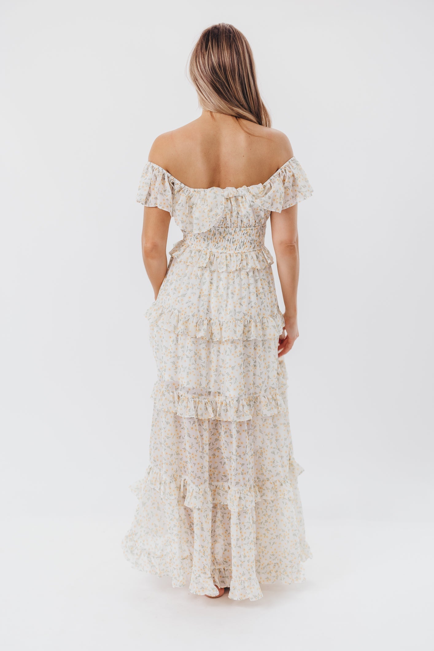 Azra - Maxi Jurk Met Ruches In Gele Bloemenprint