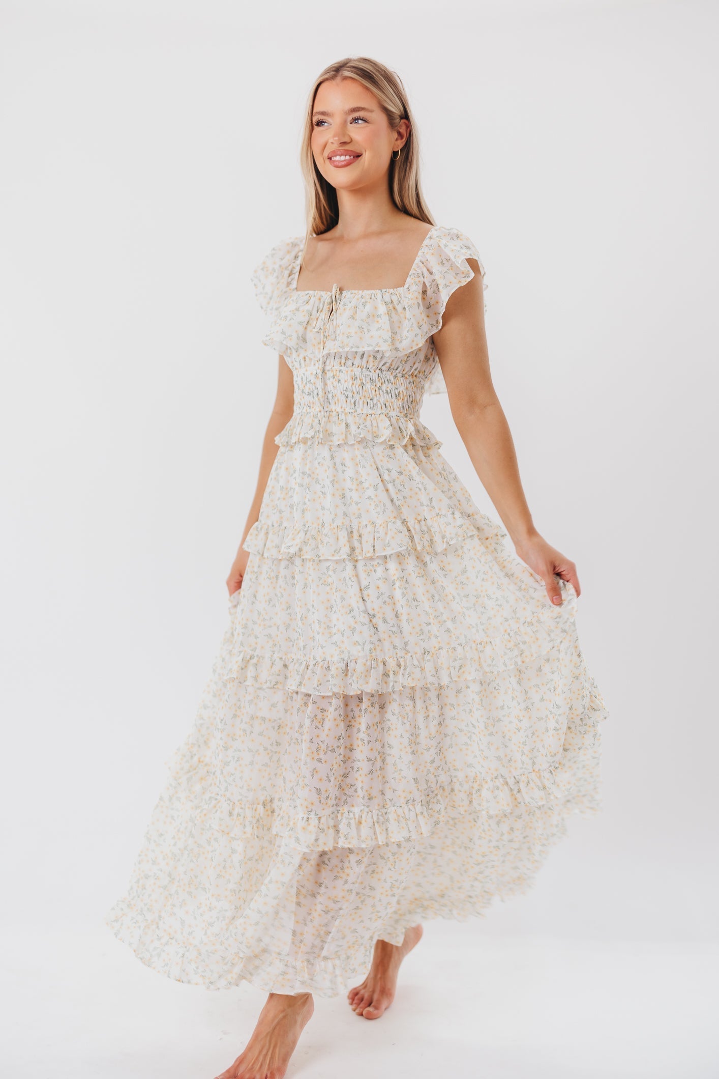 Azra - Maxi Jurk Met Ruches In Gele Bloemenprint