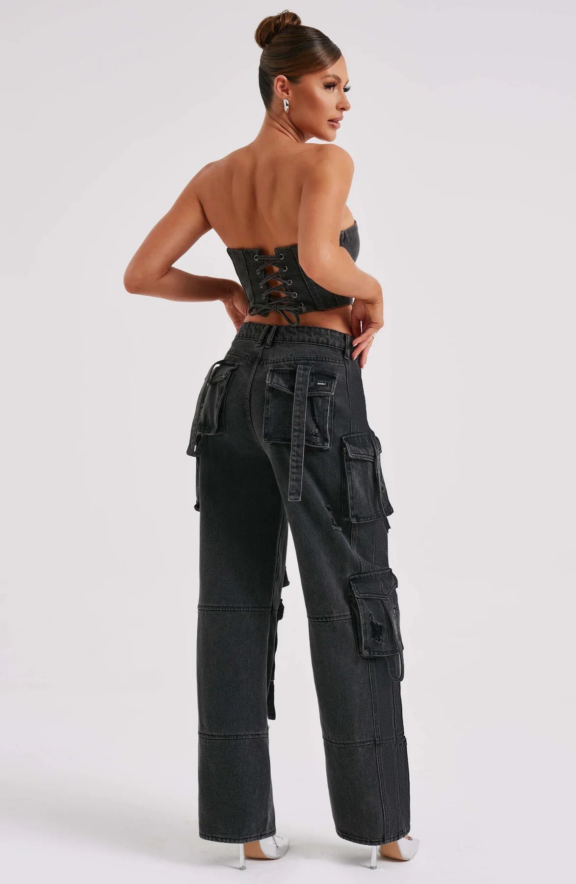 Febe | Dames Denim Corset & Cargobroek Set – Gestructureerde Silhouet en Utilitaire Details