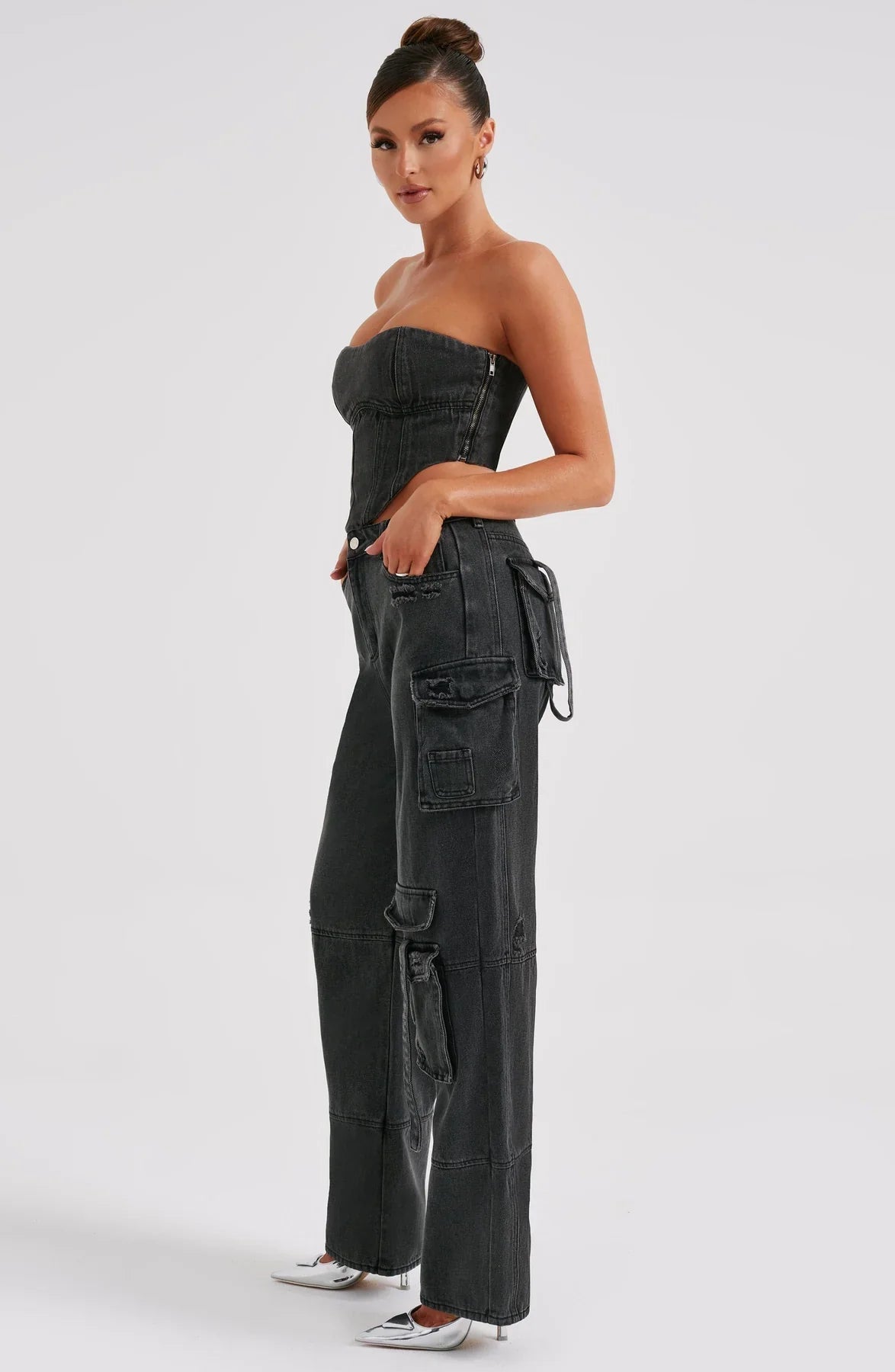 Febe | Dames Denim Corset & Cargobroek Set – Gestructureerde Silhouet en Utilitaire Details
