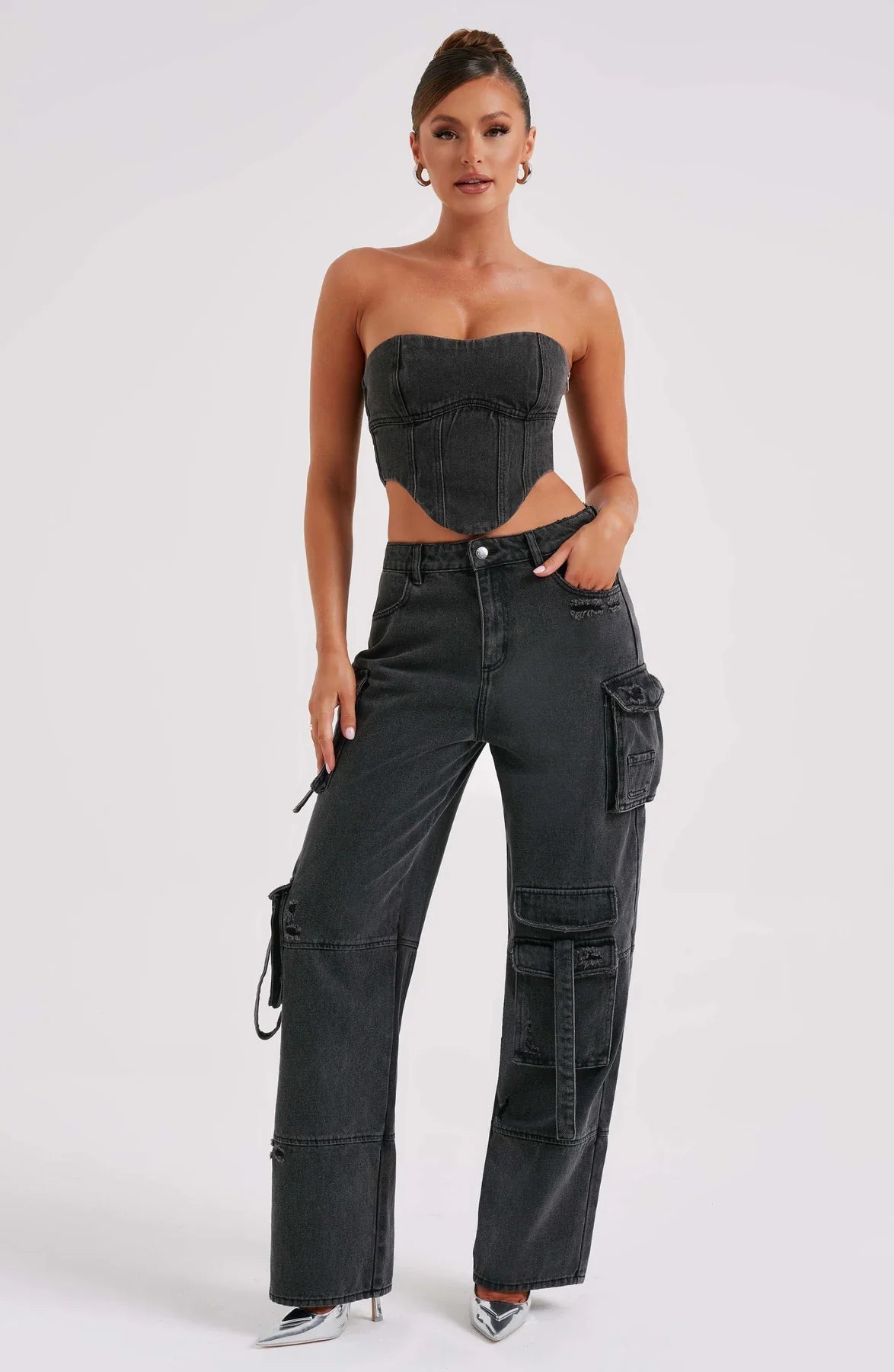 Febe | Dames Denim Corset & Cargobroek Set – Gestructureerde Silhouet en Utilitaire Details