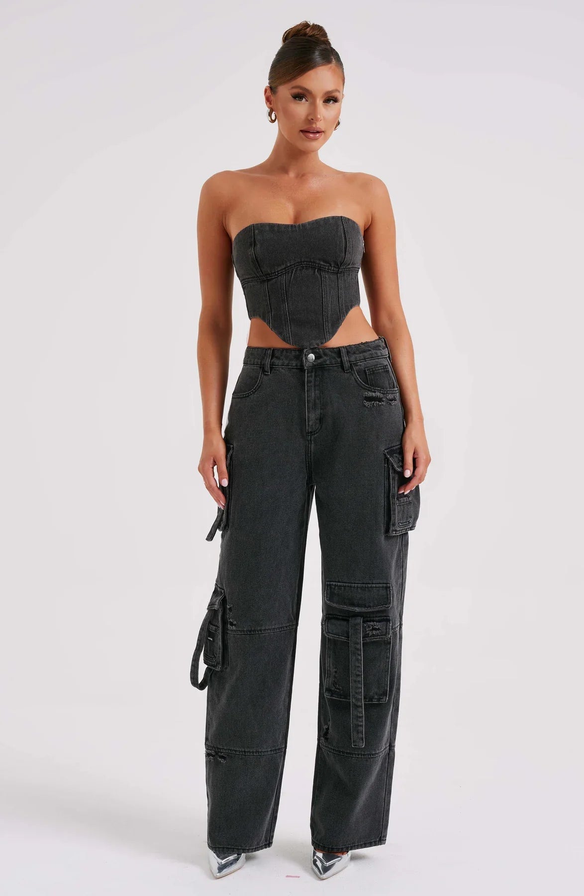 Febe | Dames Denim Corset & Cargobroek Set – Gestructureerde Silhouet en Utilitaire Details