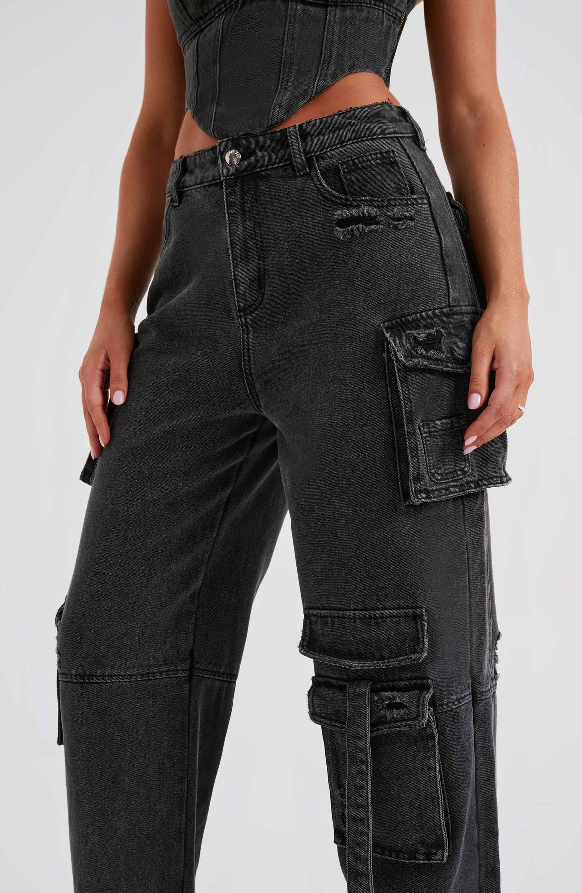Febe | Dames Denim Corset & Cargobroek Set – Gestructureerde Silhouet en Utilitaire Details
