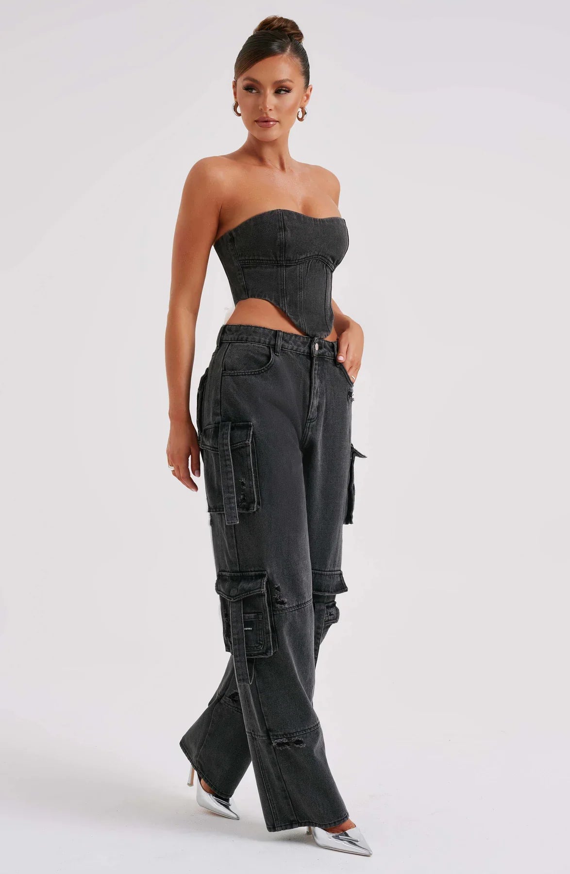 Febe | Dames Denim Corset & Cargobroek Set – Gestructureerde Silhouet en Utilitaire Details