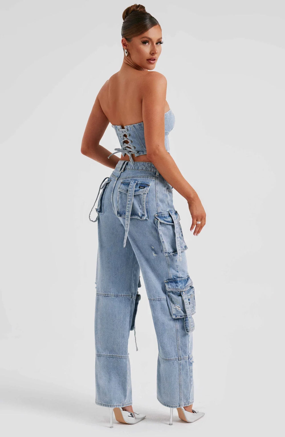 Febe | Dames Denim Corset & Cargobroek Set – Gestructureerde Silhouet en Utilitaire Details