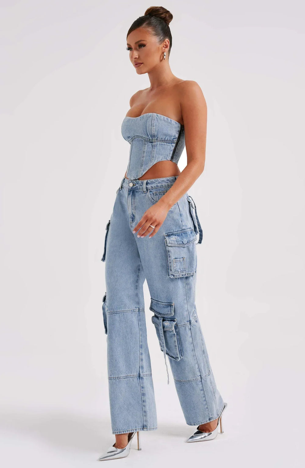 Febe | Dames Denim Corset & Cargobroek Set – Gestructureerde Silhouet en Utilitaire Details