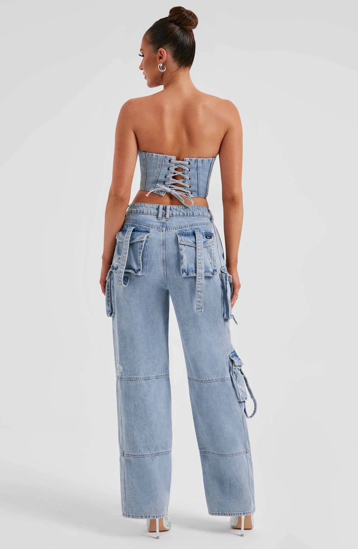 Febe | Dames Denim Corset & Cargobroek Set – Gestructureerde Silhouet en Utilitaire Details