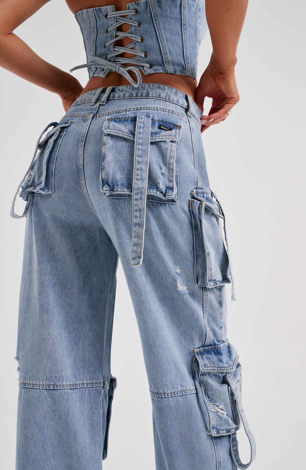 Febe | Dames Denim Corset & Cargobroek Set – Gestructureerde Silhouet en Utilitaire Details